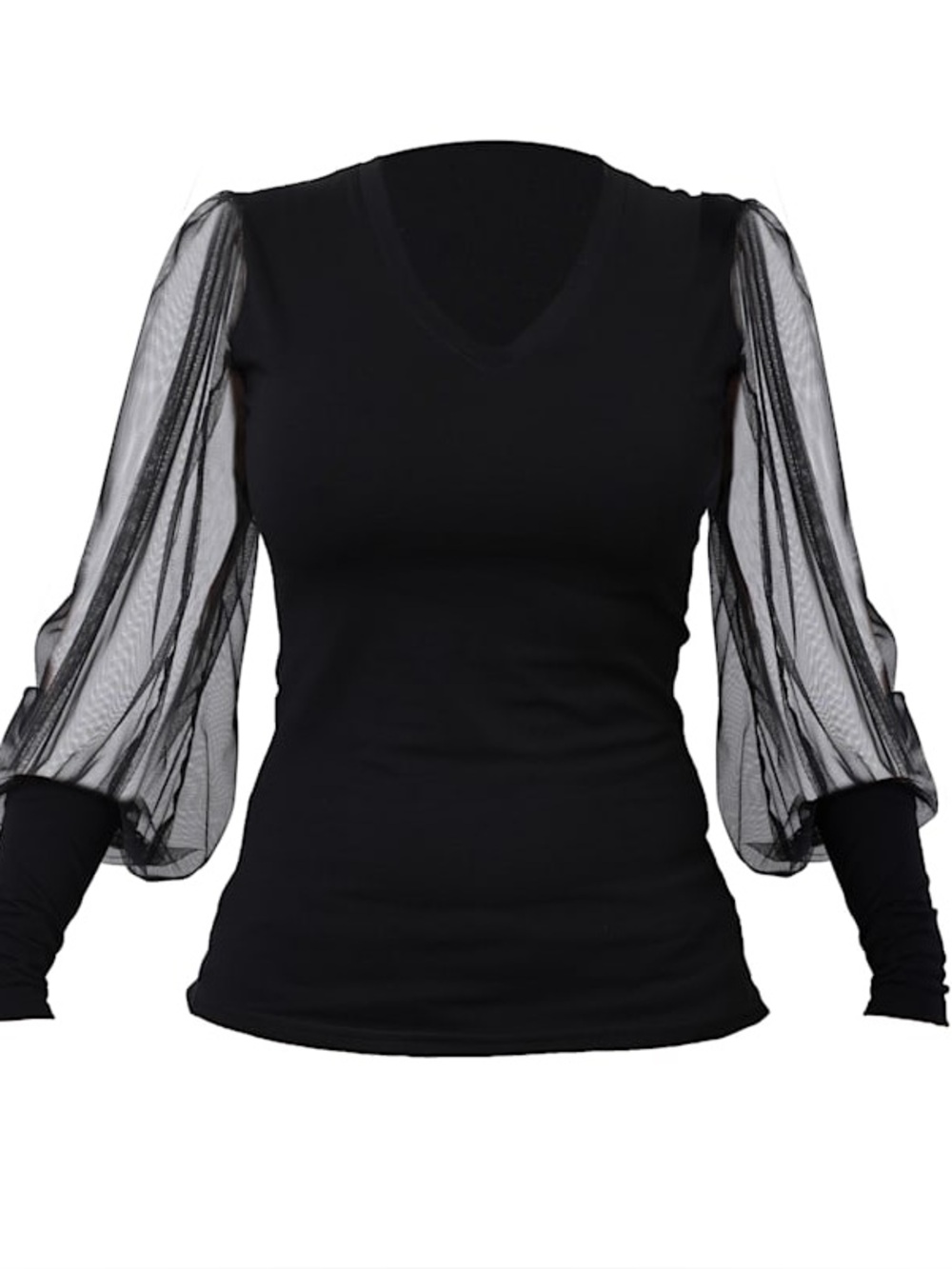Metamorphoza Black Sheer Balloon Sleeve V-Neck Top NWT $125